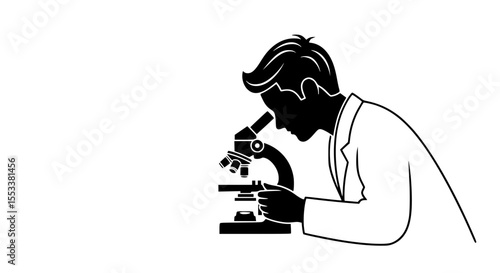 A dedicated scientist in a lab coat peers intently through a powerful microscope examining a sample with focused concentration on scientific discovery and detailed observation