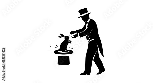 Illusionist in a Tuxedo with Top Hat and Rabbit Conjuring Spectacle of Wonder and Amazement Revealing Mystical Tricks and Entertainment for Audiences