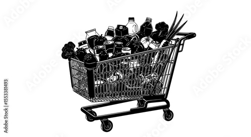 A Fully Stocked Grocery Cart Filled with Assorted Food Items and Produce Representing a Bounty of Fresh Groceries for a Healthy Lifestyle