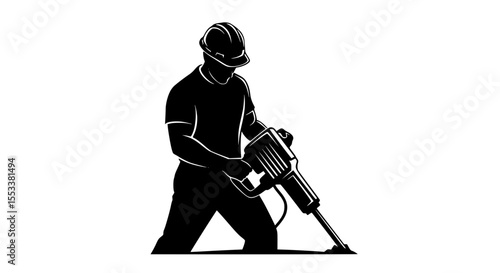 Silhouette of a construction worker operating a powerful pneumatic jackhammer to break up concrete on a construction site