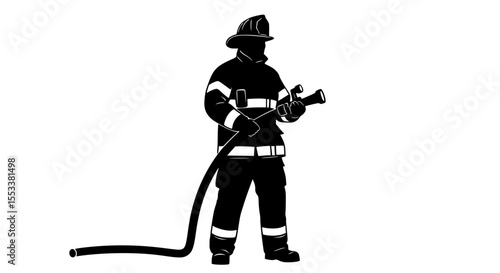 A silhouette of a firefighter in full gear holding a hose and ready to combat a blaze representing bravery and dedication in emergency services