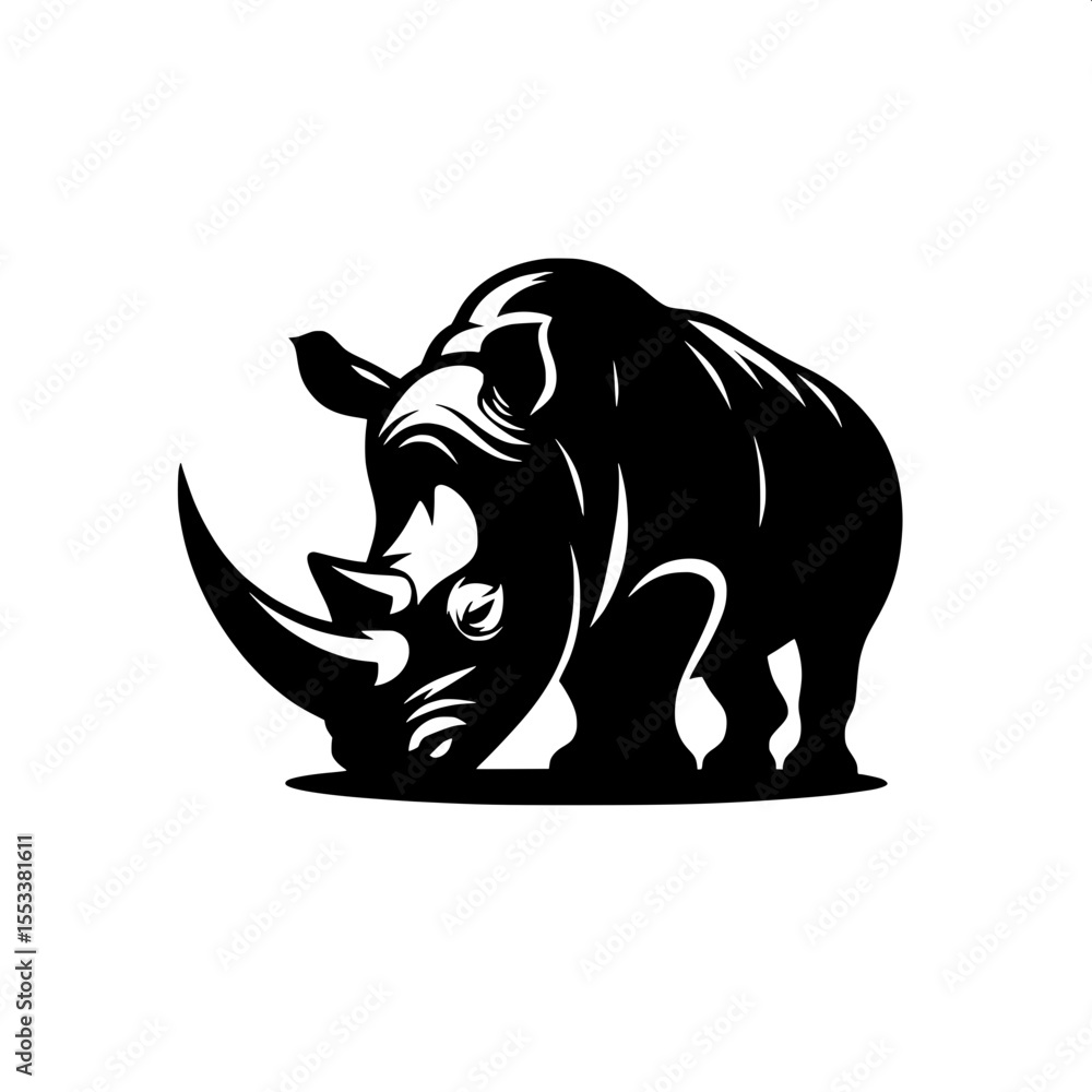 Fototapeta premium Black and White Vector of a Raging Rhinoceros Silhouette