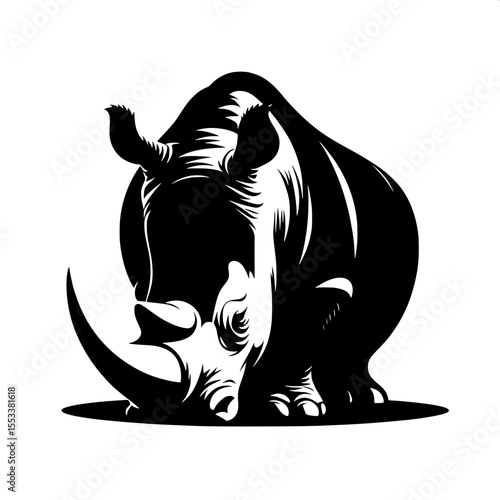 Black and White Vector of a Raging Rhinoceros Silhouette