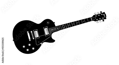 A Classic Black Electric Guitar with a Solid Body and Six Strings on a White Background Showcasing its Timeless Design and Versatile Appeal for Musicians of All Levels