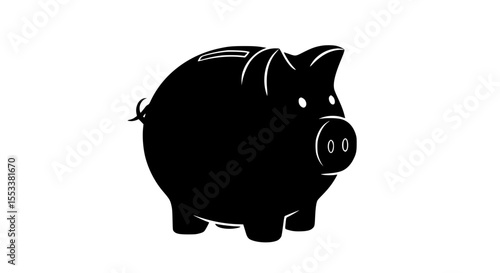 A classic black piggy bank silhouette is depicted against a stark white background symbolizing saving money and financial security for a prosperous future