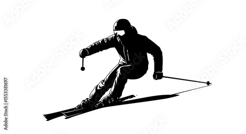 Dynamic Silhouette of a Skier Navigating a Snowy Slope with Ski Poles Extended Capturing the Thrill of Winter Sport and Downhill Racing