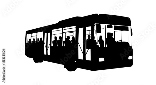 Silhouette of a crowded public transportation bus with passengers visible through the windows and open doors ready for boarding or disembarking representing urban transit and daily commutes