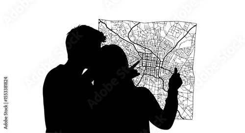 Couple Silhouetted Against a Detailed Map Examining Their Route Together with One Person Pointing Out a Location