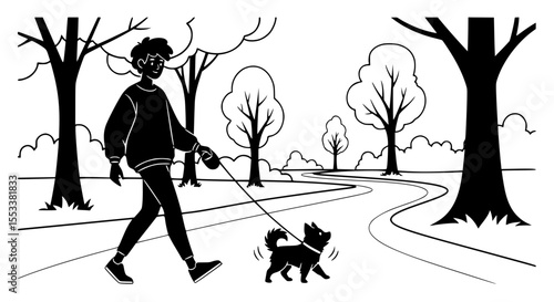 A person enjoys a brisk walk through a scenic park with their energetic dog on a leash surrounded by trees and pathways a representation of outdoor recreation and companionship