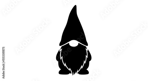 A Simple Silhouette of a Garden Gnome in Black and White with a Tall Conical Hat and a Bushy Beard and Mustached Face