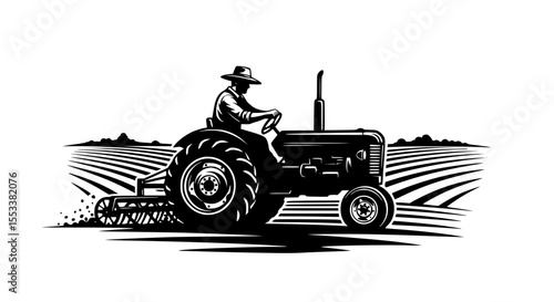 Farmer Driving a Vintage Tractor Tilling a Field Under a Clear Sky in a Detailed Engraving Style Depicting Agricultural Work and Rural Life