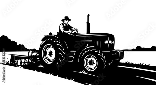 Farmer driving a tractor plowing a field on a sunny day showcasing agricultural machinery and rural farming activities with a clear sky in the background representing the essence of modern agriculture