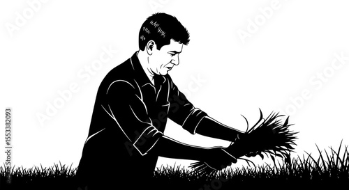 A farmer diligently harvests a bundle of ripe wheat stalks from a vast field under a bright sky symbolizing a successful agricultural season and the rewards of hard work in cultivating crops