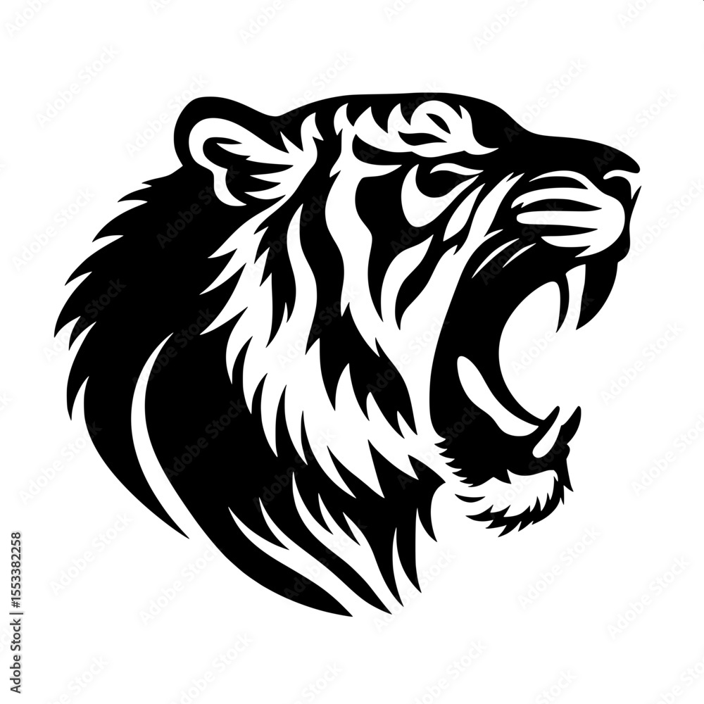 Black and White Vector of a Snarling Tiger Silhouette Black and White Vector of a Snarling Tiger Silhouette