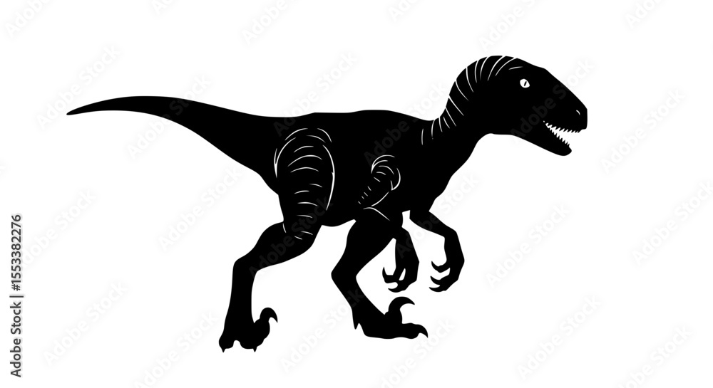 Fototapeta premium Silhouette of a Velociraptor Dinosaur in a Dynamic Running Pose with Detailed Feathers and Fierce Expression Captured in Black Against a White Background