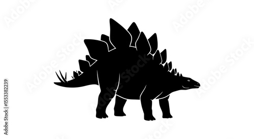 Silhouette of a Stegosaurus Dinosaur a prehistoric herbivore known for its distinctive plates and spiked tail walking across a white background in this artistic representation of ancient life
