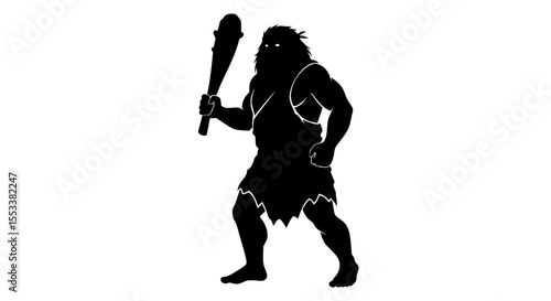 Silhouette of a Muscular Prehistoric Human Holding a Club Ready for Battle Illustrating Early Human History and Survival Skills