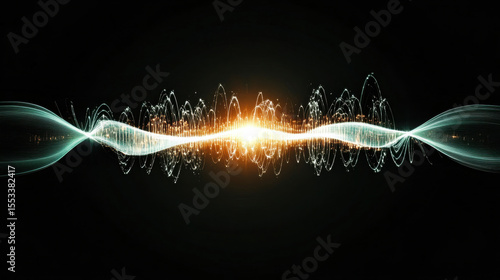 Glowing, radiant waveform flows symmetrically across dark background, emitting vibrant light and energy. abstract design evokes sense of cosmic motion and high frequency vibrations