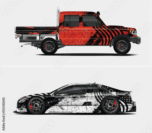 Two Vehicles with Striking Graphics A Truck and a Sportscar Design