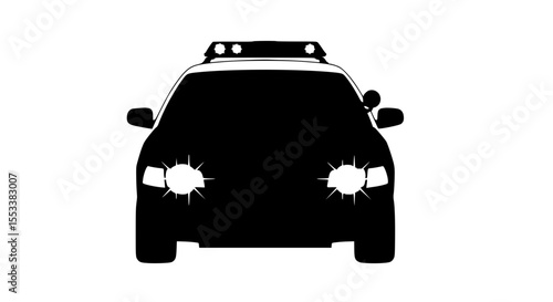 Front view silhouette of a police car with illuminated headlights and emergency lights on its roof indicating a law enforcement vehicle in action during the night or low visibility conditions