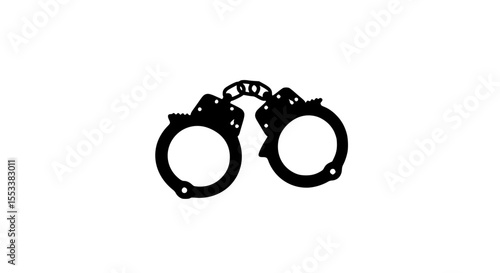 An illustration of a pair of black handcuffs connected by a chain on a white background symbolizing arrest detention justice law enforcement and security measures