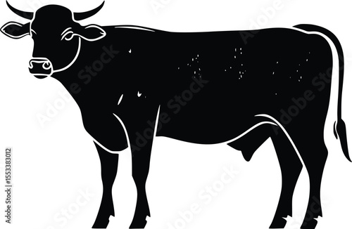 Silhouette of a sturdy black cow, strong profile view, farm animal graphic.