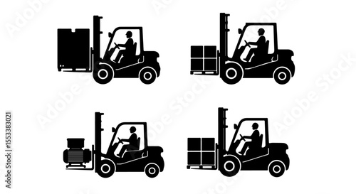 Forklift Operations: Lifting, Transporting, and Stacking Icons. This collection effectively represents logistics, warehousing, material handling, and industrial operations.
