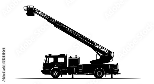Silhouette of a Ladder Fire Truck Extended High to Reach Elevated Areas for Rescue and Firefighting Operations with a Platform at the Top
