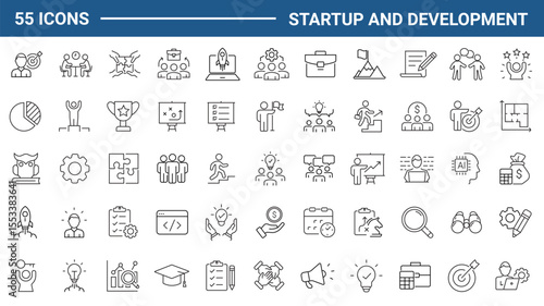 Startup and development set of web icons in line style. Development icons for web and mobile app. Containing Business, concept, idea, strategy, innovation, vision, marketing, startup and more