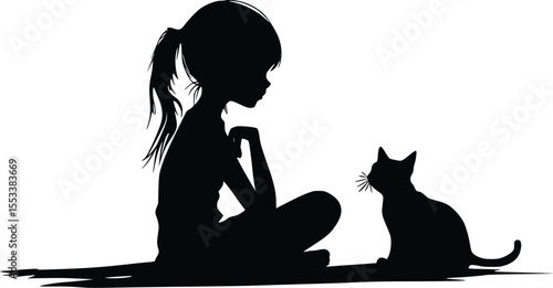 Silhouette girl seated, pensive mood, small cat companion, elegant design.