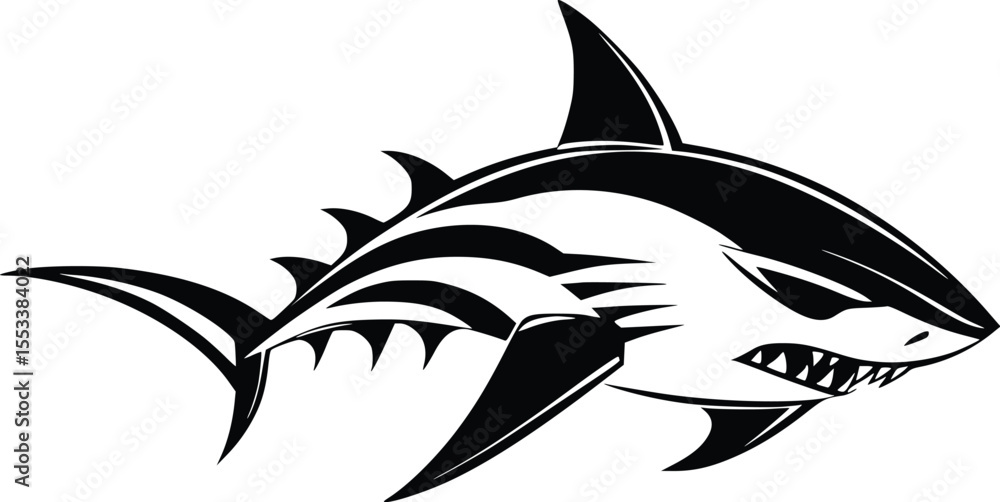 Fototapeta premium Aggressive Shark Tribal Tattoo Design, Vector Illustration, Dark Mood