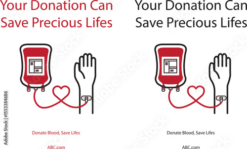 Vector design with “Your donation can save lives” and “Donate Blood, Save Lives” text, featuring a hand with a blood drip. Includes red and black versions for awareness use.