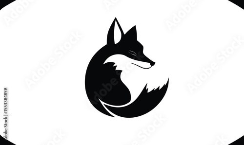 Serene curled fox silhouette; minimalist, elegant, monochrome design.