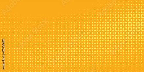 Yellow orange halftone pattern. Retro comic gradient background. Square pixilated dot cartoon texture. Pop art faded gradient pattern. Eps 10.