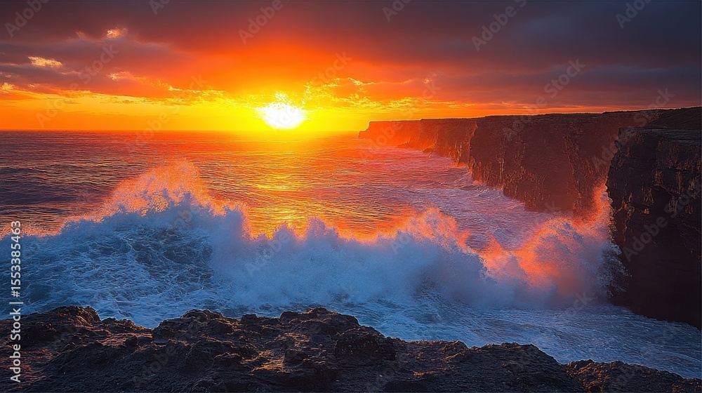 Fototapeta premium Dramatic Ocean Wave Crashing Against Dark Rock Coastline at Fiery Sunset