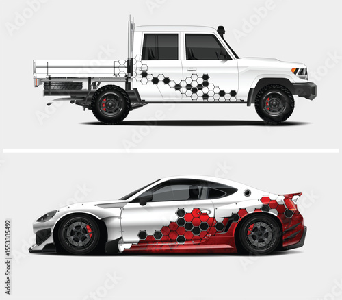 Two Custom Vehicles A White Truck and a Red and White Sports Car