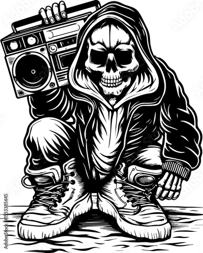 SVG of a skull with an urban gangster vibe skeleton graphic. Cool Skeleton Gangster with Boombox in Urban Style