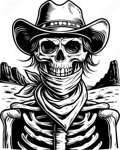 SVG of a skull with an urban gangster vibe skeleton graphic. Skeleton Cowboy in Desert Landscape with Hat and Bandana