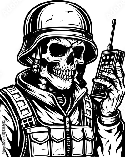 SVG of a skull with an urban gangster vibe skeleton graphic. Urban Gangster Skeleton Soldier with Radio Communication Device