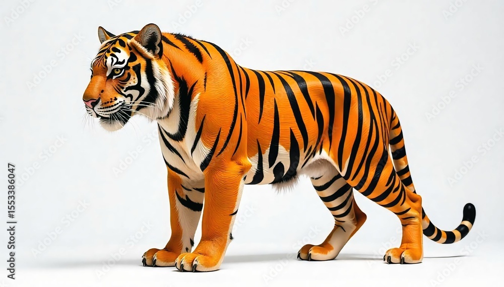 Obraz premium A majestic Royal Bengal tiger, its vibrant orange and black stripes glistening in the light, standing regally against a pure white background, crafted from intricately arranged real sticks, with the w