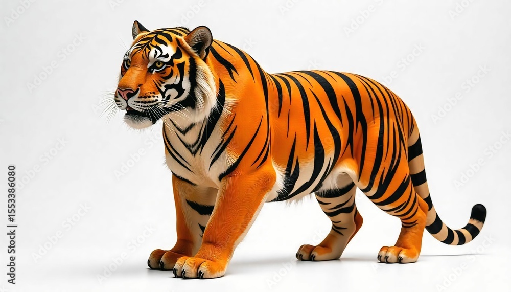 Obraz premium A majestic Royal Bengal tiger, its vibrant orange and black stripes glistening in the light, standing regally against a pure white background, crafted from intricately arranged real sticks, with the w