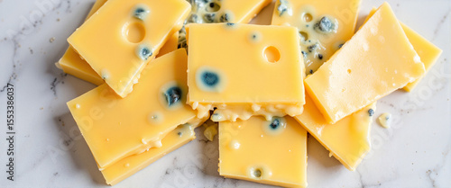 Close-up of moldy cheese slices on kitchen countertop, matured flavor