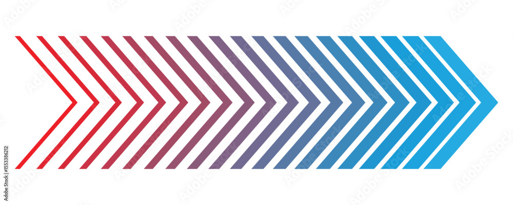 Obraz premium Colorful gradient arrow lines vector. Red to blue chevron seamless motion pattern for modern business or infographic design. Clean directional layout.