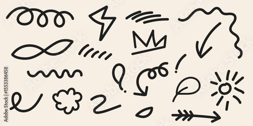 Hand drawn doodle sketch elements on light background. Abstract marker scribbles, arrows, symbols, squiggles, swirl and cartoon lines.