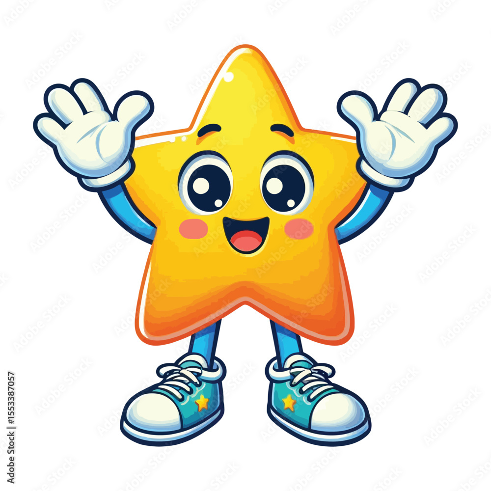 The image is a colorful and fun cartoon illustration. character is a yellow star with a cute face, big round eyes, a smiling mouth, raising both hands high The image is a colorful and fun cartoon illustration. character is a yellow star with a cute face, big round eyes, a smiling mouth, raising both hands high