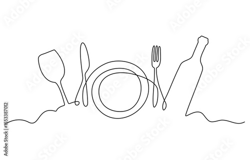 Continuous single line drawing of plate fork knife bottle of wine and glass menu food design vector illustration