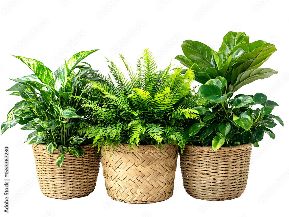 Naklejka premium Three vibrant houseplants in natural woven baskets