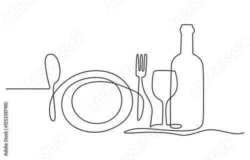 Continuous single line drawing of plate fork knife bottle of wine and glass menu food design vector illustration