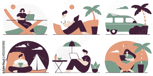 Digital nomads  [Remote Work and Travel Lifestyle Icons] [in a Flat Design Style] [representing flexibility, adventure, and productivity] [on a black background]
