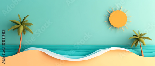 A vibrant minimalist beach scene with palm trees, sun, sea waves, and sandy shore in a paper-cut art style.